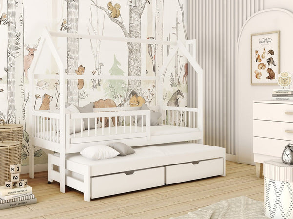 Single Bed - HOSTON Wooden 3ft Bed with Trundle and Foam Mattresses White Matt - Art Nest