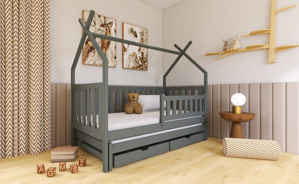Single Bed - TEXAS Wooden 3ft Bed with Trundle and Foam Mattresses Graphite - Art Nest