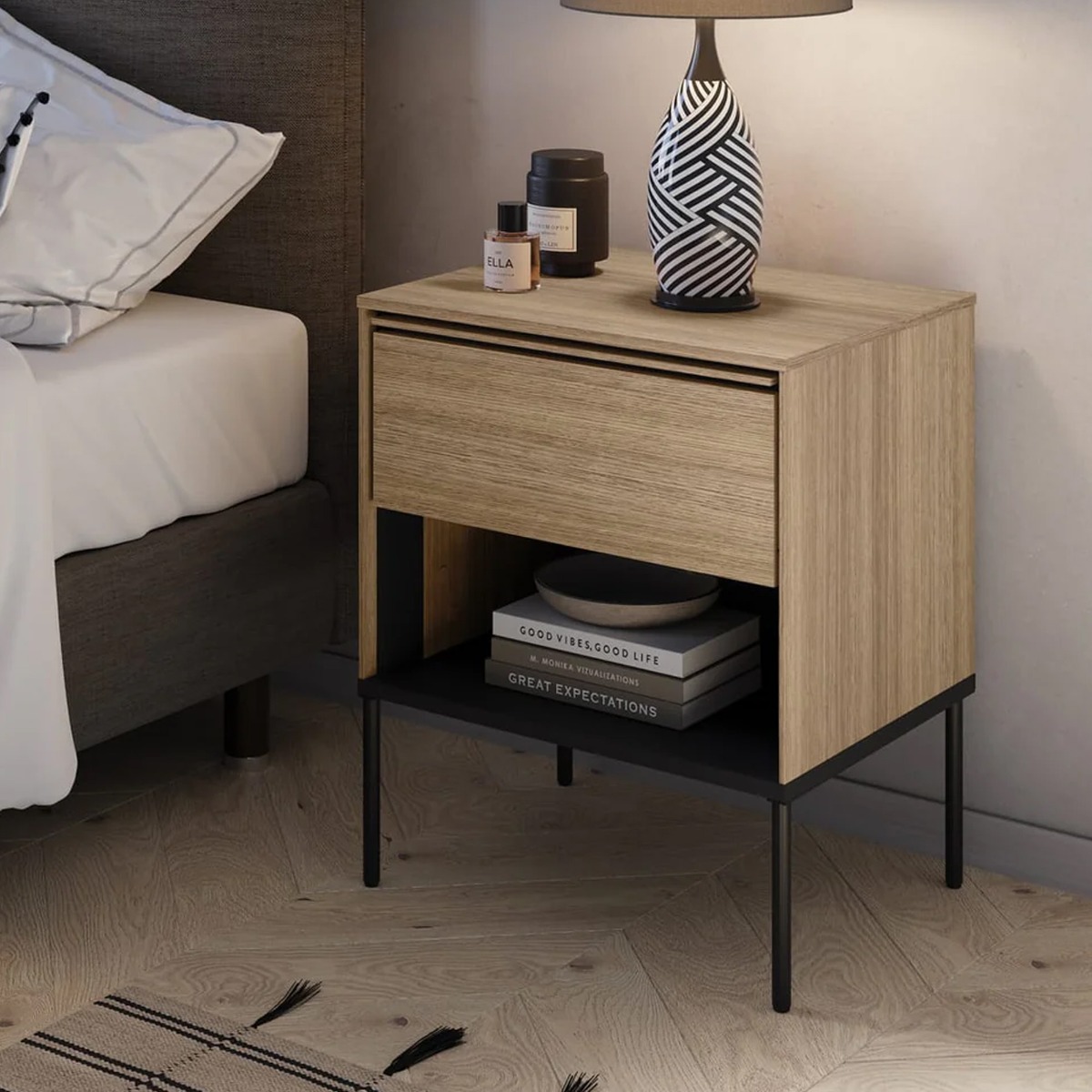 VISSORA Bedside Cabinet Oak Linear 51cm - Art Nest