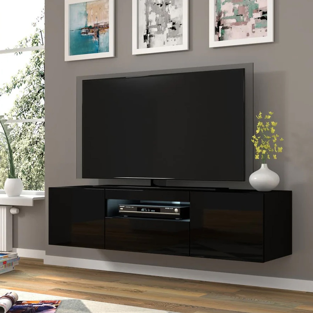 AURIELLE TV Cabinet Black Gloss with LED 150cm - Art Nest