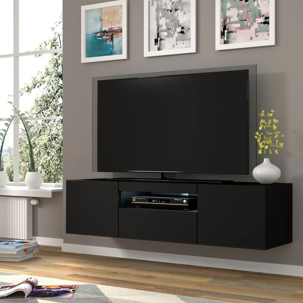 AURIELLE TV Cabinet Black Matt with LED 150cm - Art Nest
