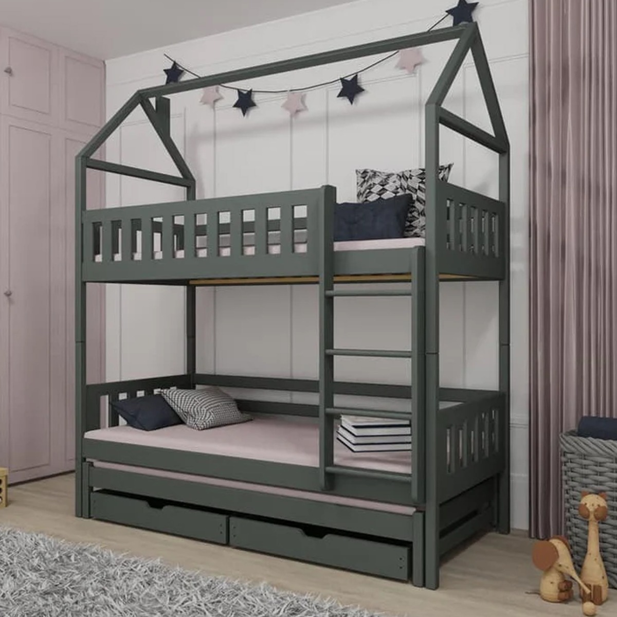 Bunk Bed - STACKWELL Bedframe with Foam Mattress - Graphite - Art Nest