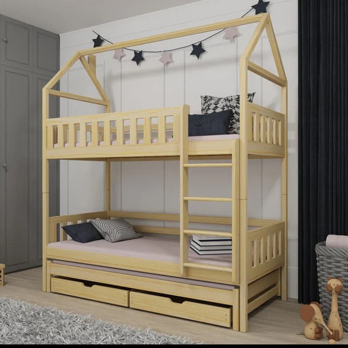 Bunk Bed - STACKWELL Bedframe with Foam Mattress - Pine - Art Nest