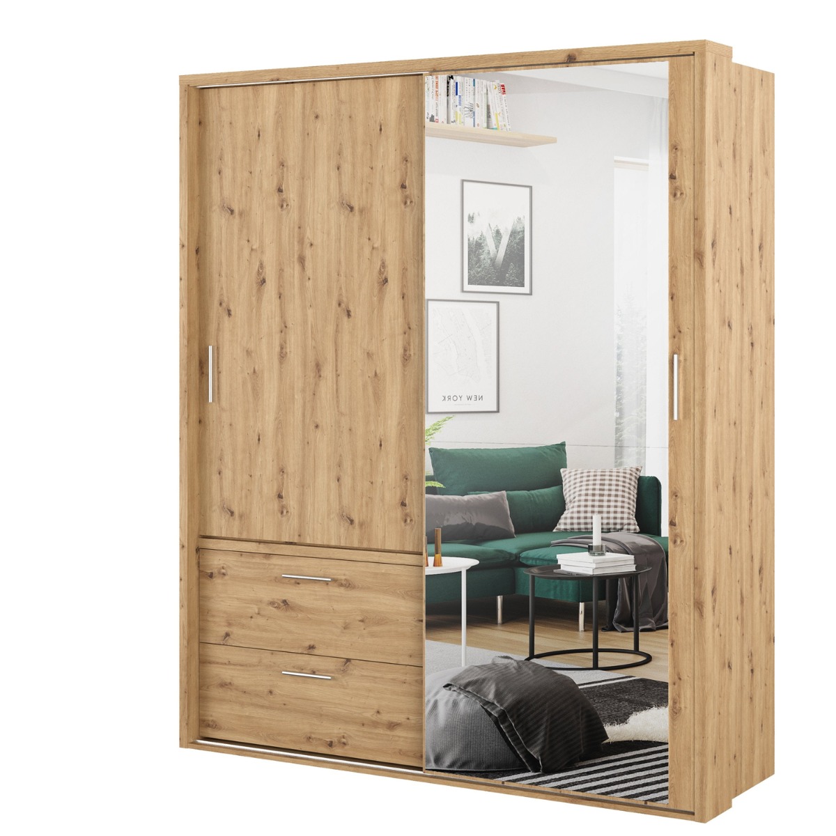 Sliding Wardrobe - IRVINE 2 Door Mirrored Wardrobe Oak Artisan0cm - Art Nest