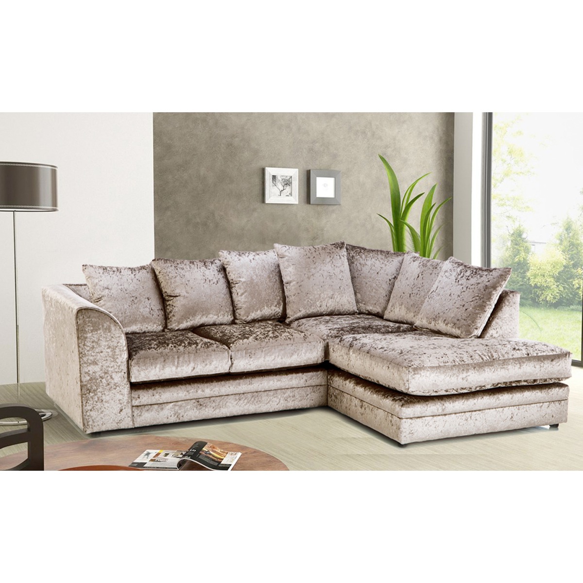 ARABIA Crushed Velvet 4 Seater L Shaped - Right Hand Facing Corner Sofa - Mink - Home Done
