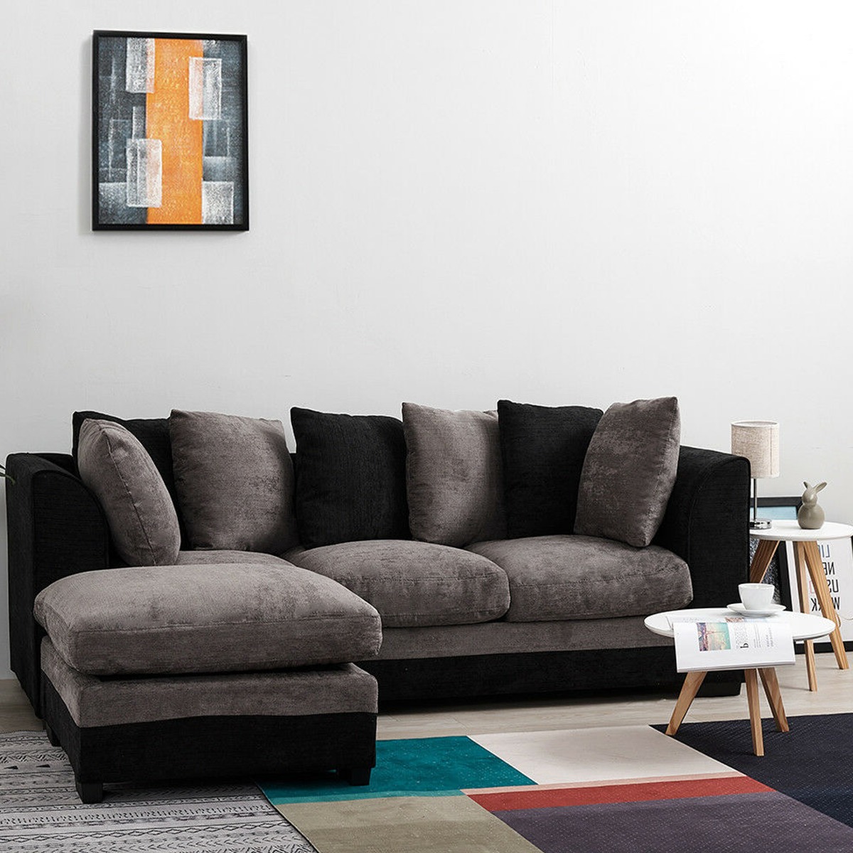 ARUBA Chenille Fabric 4 Seater L Shaped - Left Hand Facing Corner Sofa - Black and Grey - Home Done
