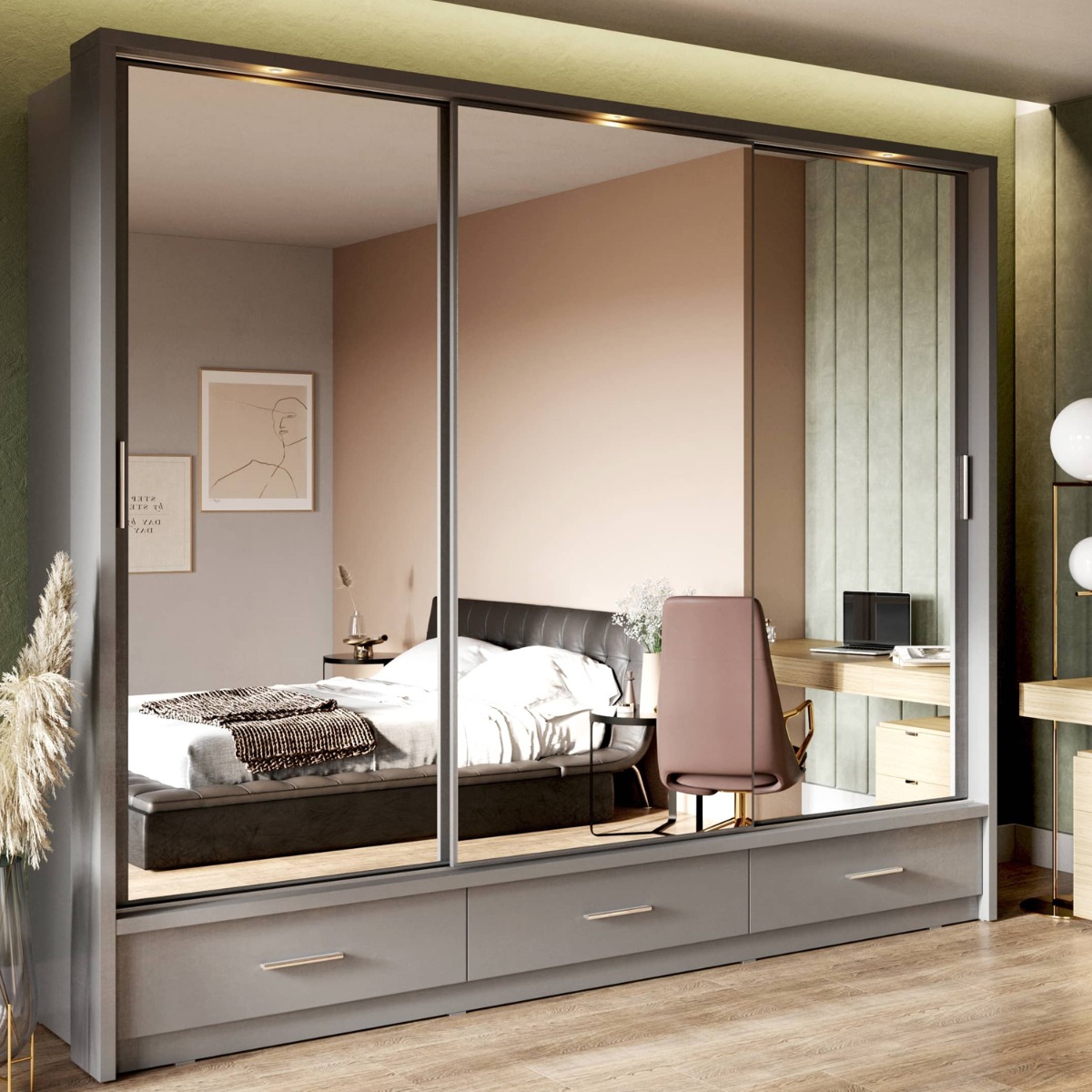 Sliding Wardrobe - IRVINE 3 Door Mirrored Wardrobe Grey Matt 250cm - Art Nest