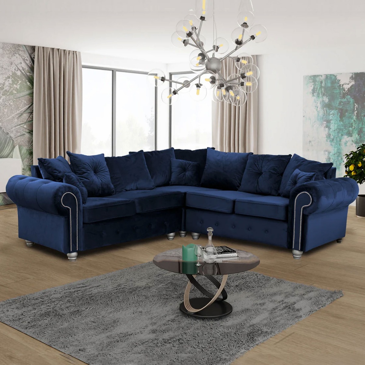 Ashwin Plush Velvet Corner Sofa - Blue - Home Done