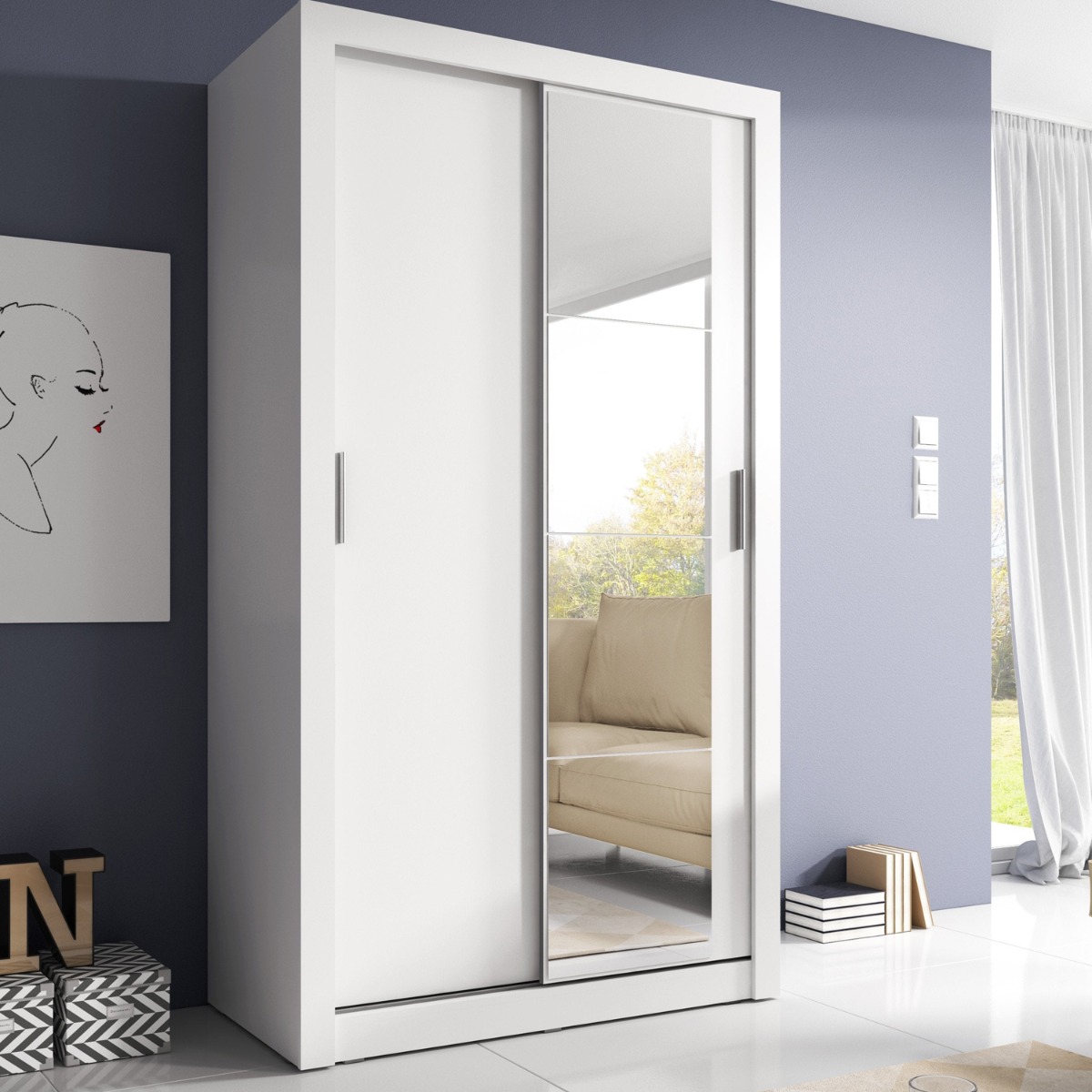 IRVINE 2 Door Mirrored Sliding Wardrobe White Matt - 120cm - Art Nest