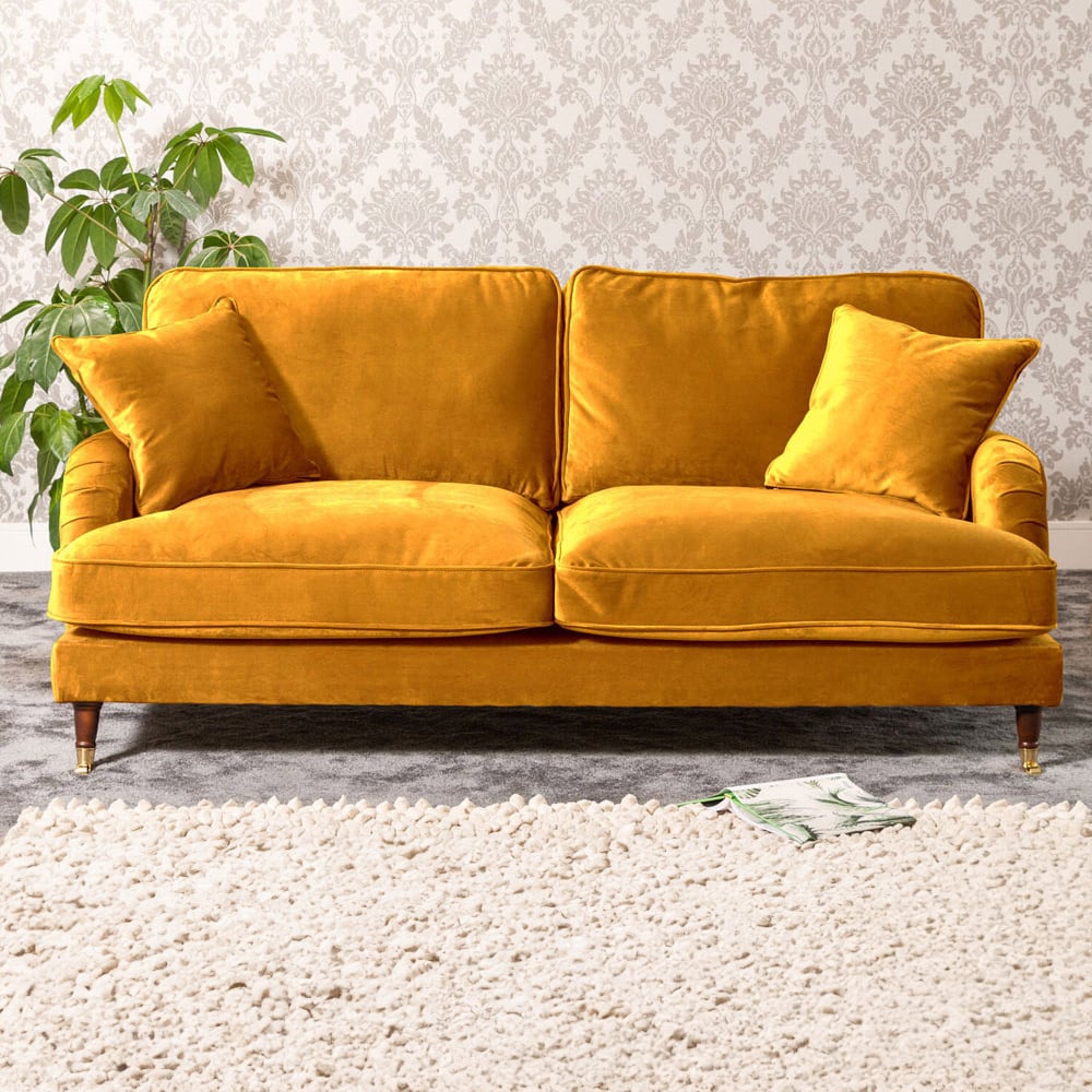 3 Seater Sofa - SOLVARE Velvet Fabric Sofa - Yellow - Archie Homes
