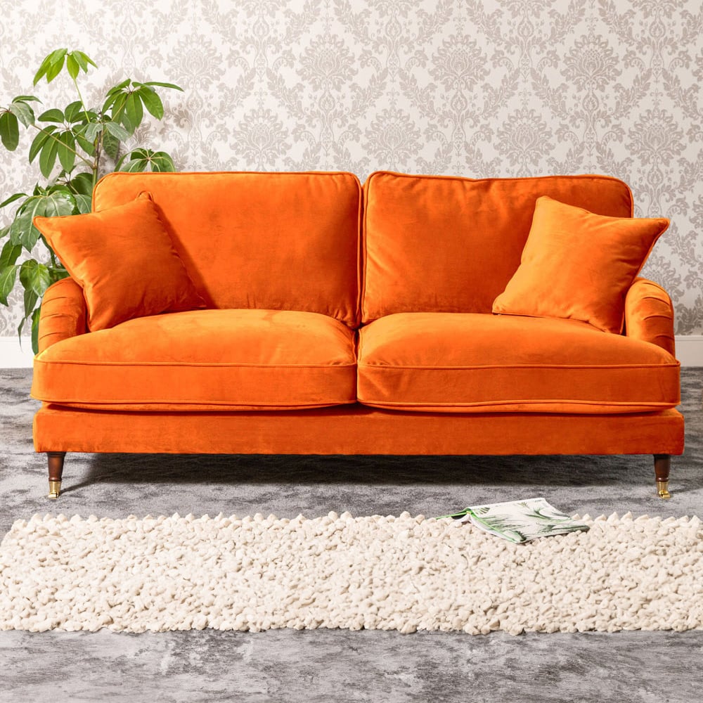 3 Seater Sofa - SOLVARE Velvet Fabric Sofa - Orange - Archie Homes