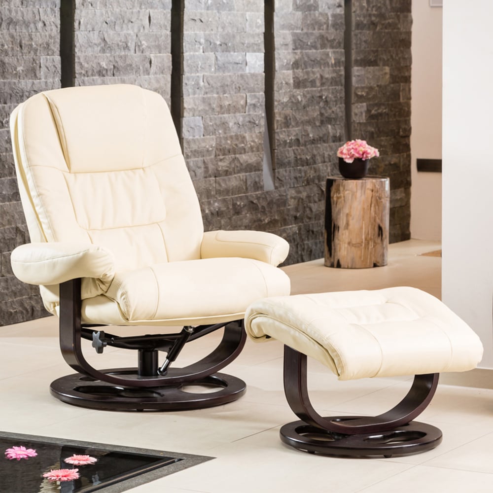 Armchair - THERAVO Leather Swivel Recliner Chair with Stool - Cream - Archie Homes