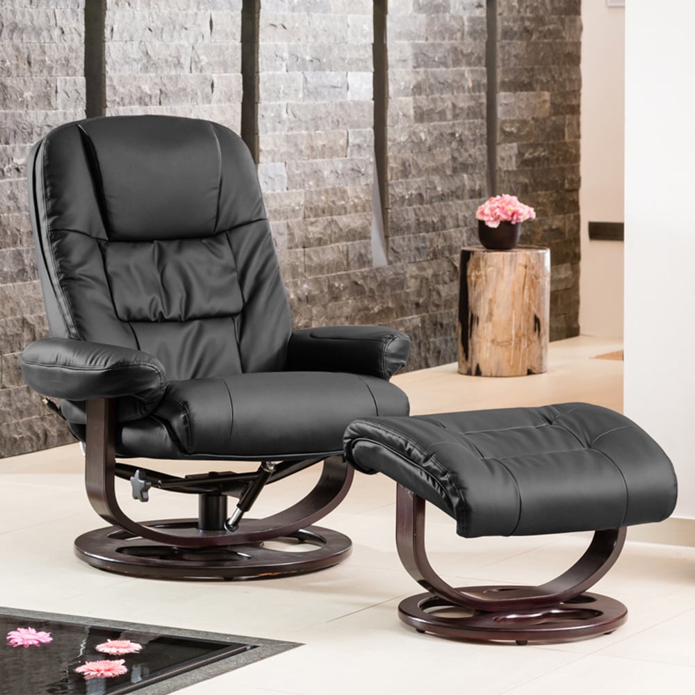 Armchair - THERAVO Leather Swivel Recliner Chair with Stool - Black - Archie Homes