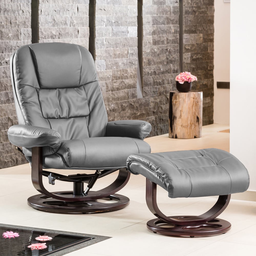 Armchair - THERAVO Leather Swivel Recliner with Stool and Heated Massage Chair - Grey - Archie Homes