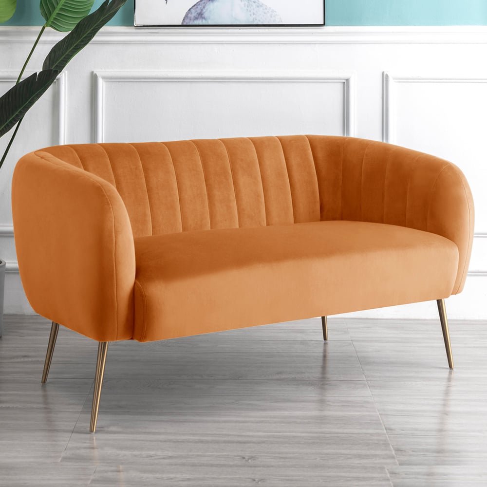 2 Seater Sofa - LUMETTA Velvet Fabric Sofa - Orange - Archie Homes