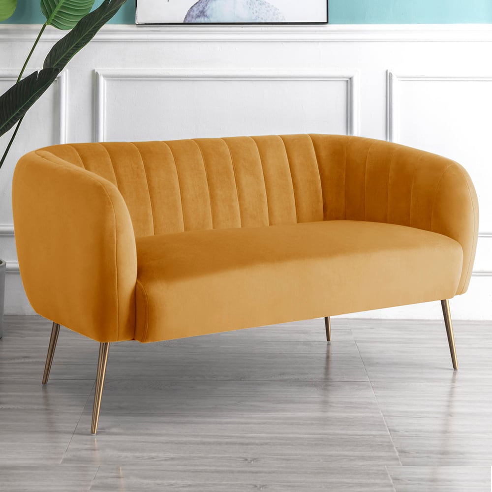 2 Seater Sofa - LUMETTA Velvet Fabric Sofa - Yellow - Archie Homes