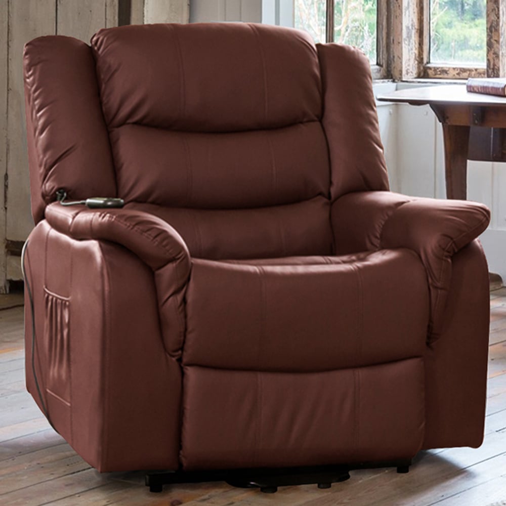 Armchair - THERALUX Leather Riser Recliner Electric Lift Assist Heated Massage Chair - Burgundy - Archie Homes