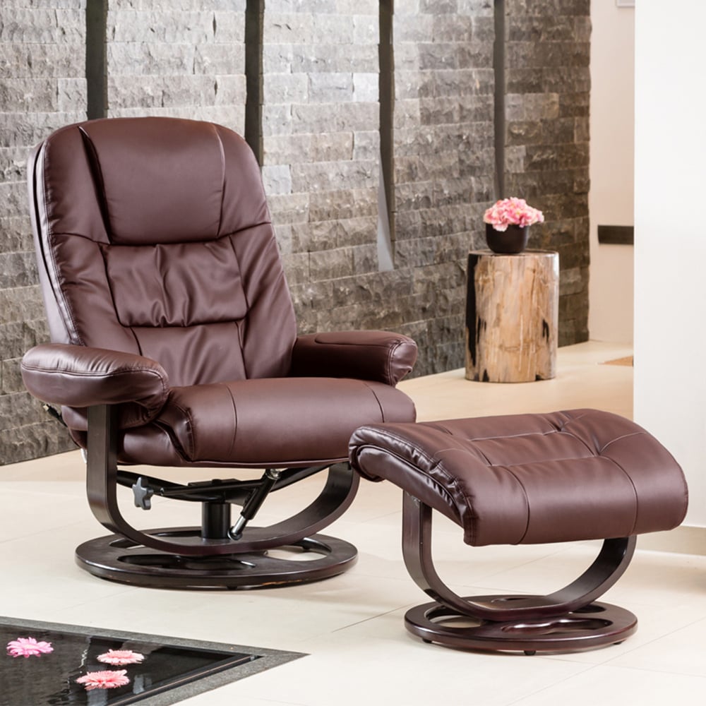Armchair - THERAVO Leather Swivel Recliner with Stool and Heated Massage Chair - Burgundy - Archie Homes
