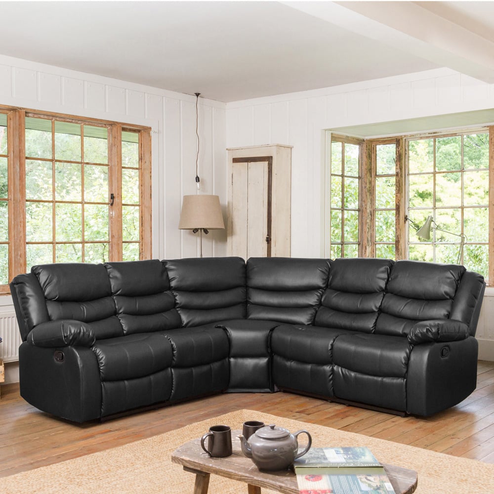 Corner Sofa - REGALUXE Leather Recliner 4 Seater L Shaped Sofa - Black - Archie Homes