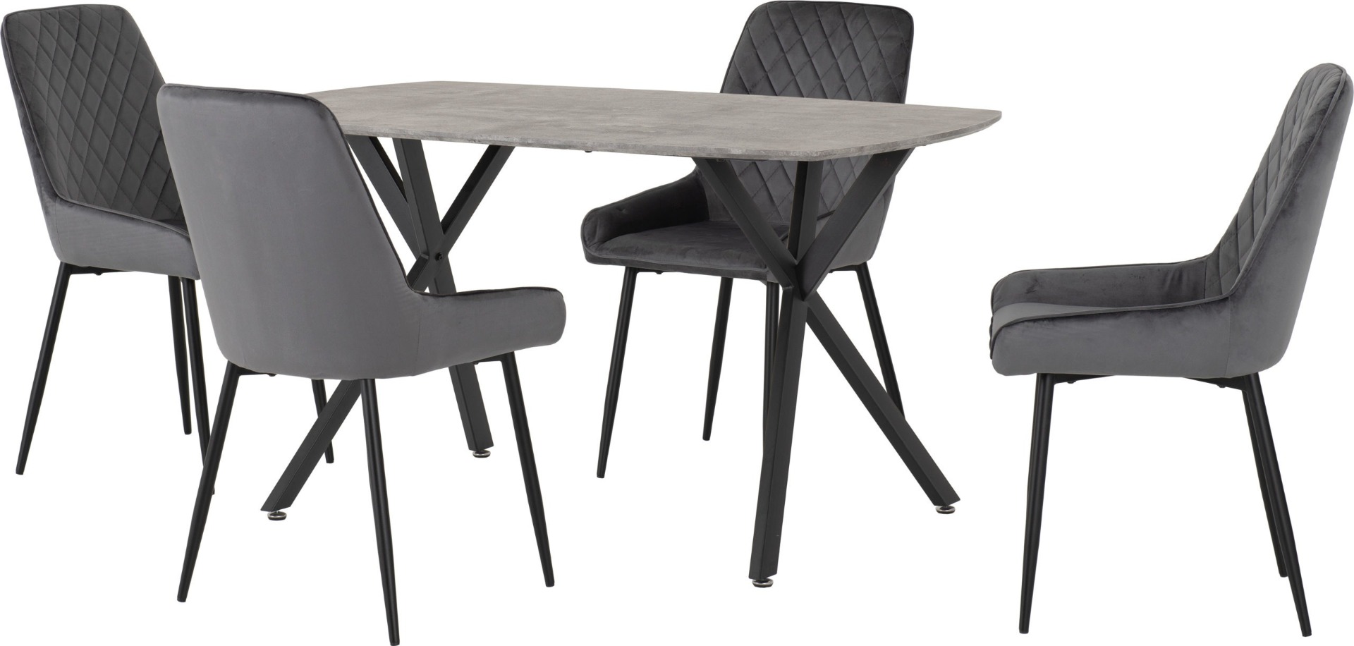 Athens Rectangular Dining Set with Avery Chairs - Concrete Effect Black Grey Velvet - Budget Deals