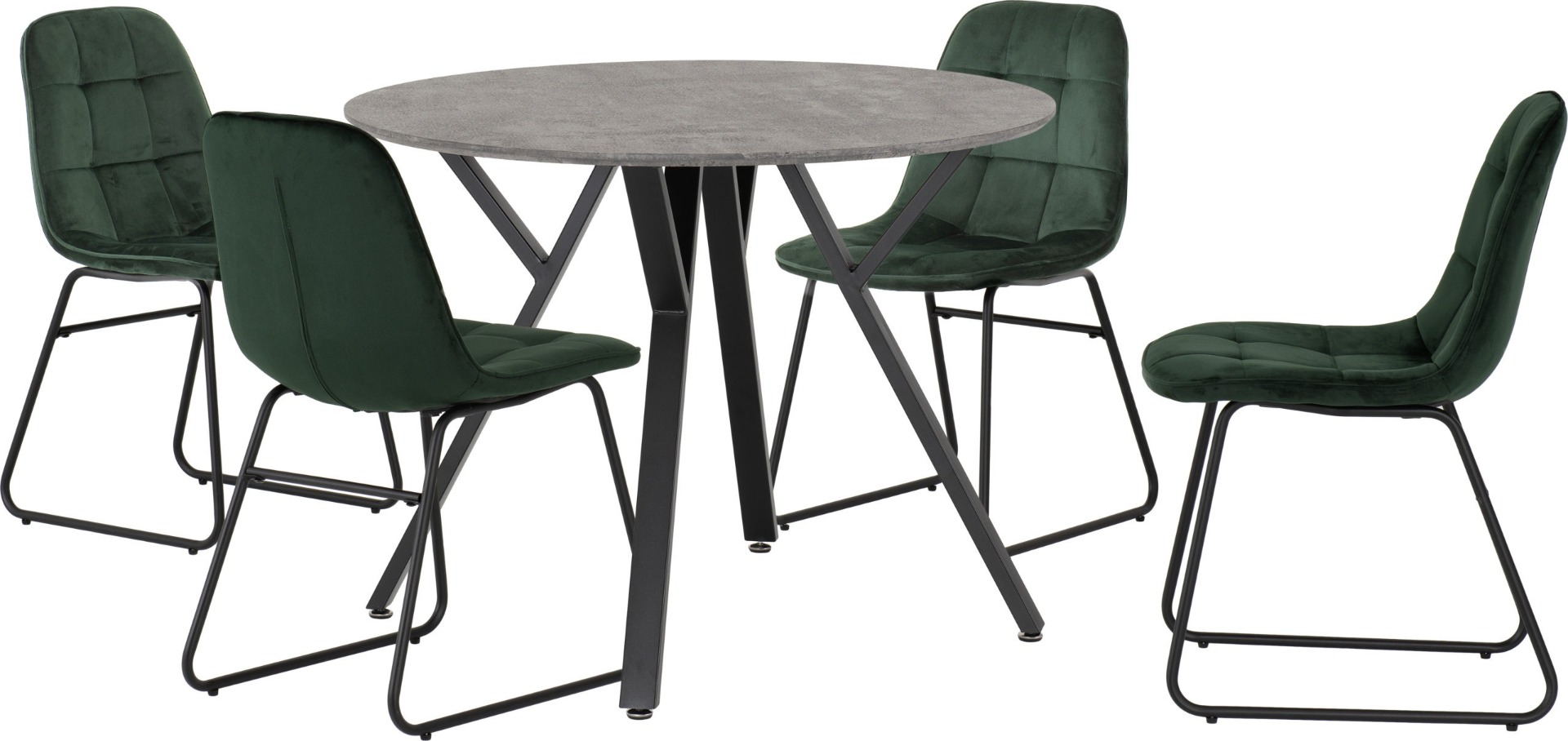 Athens Round Dining Set with Lukas Chairs - Concrete Effect Black Emerald Green Velvet - Budget Deals