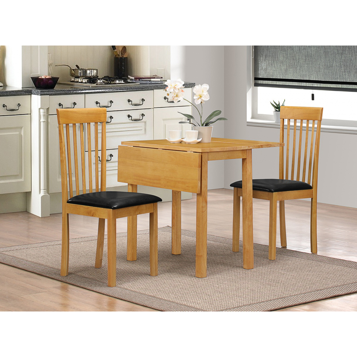 Axminster Solid Rubberwood Drop-Leaf Dining Set with 2 Chairs - Natural - Sigrid Mills