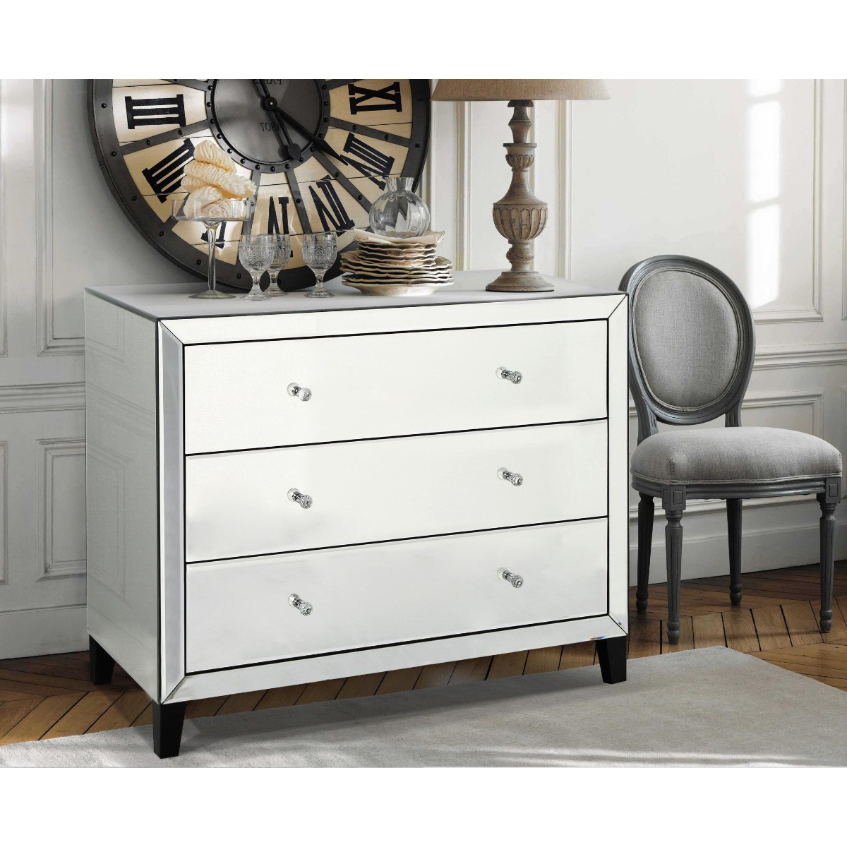 AVELEY Silver Chest of Drawers - Medium-sized, 3 Drawers, Mirrored - Sigrid Mills