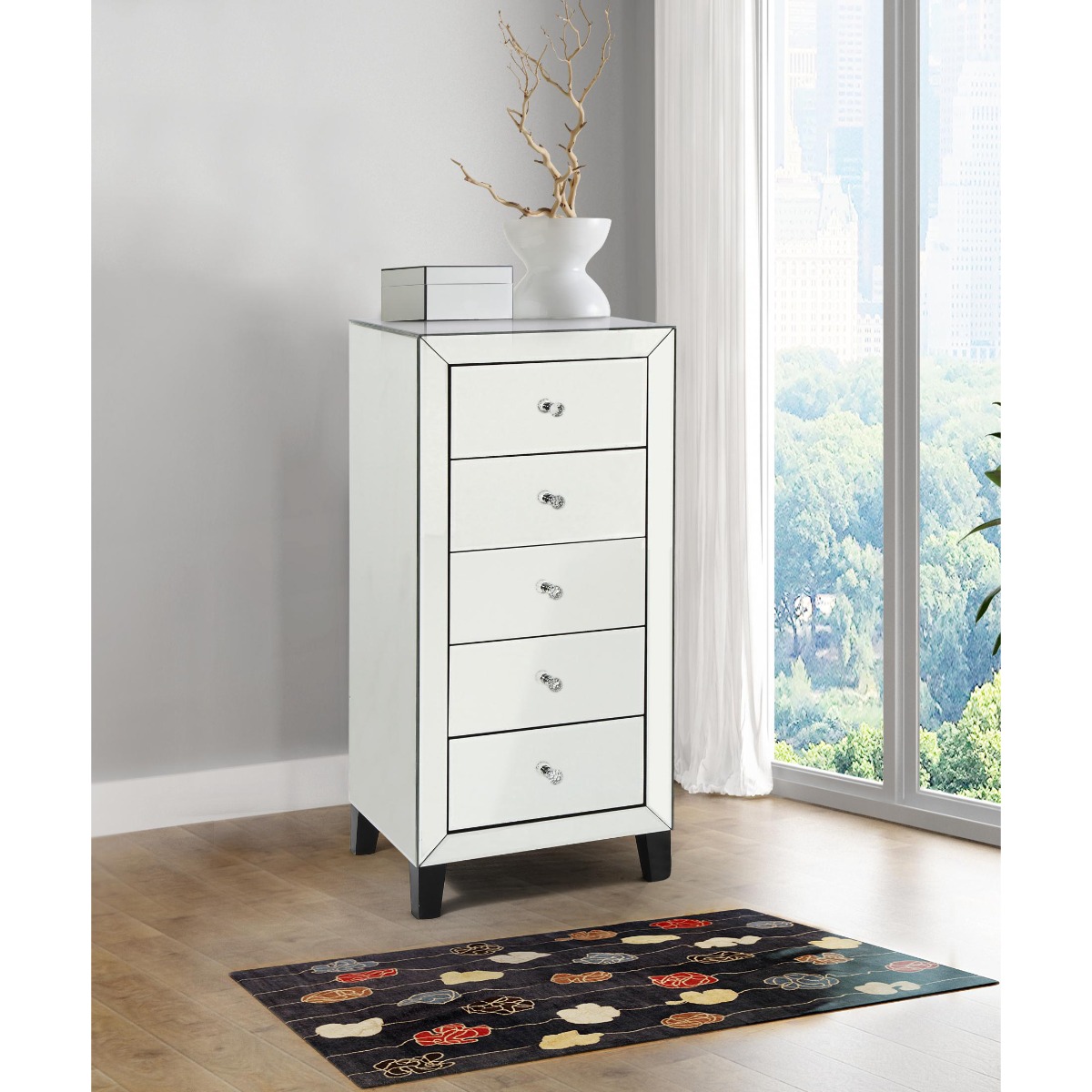 AVELEY Silver Chest of Drawers - Tallboy, Medium-sized, 5 Drawers, Mirrored - Sigrid Mills