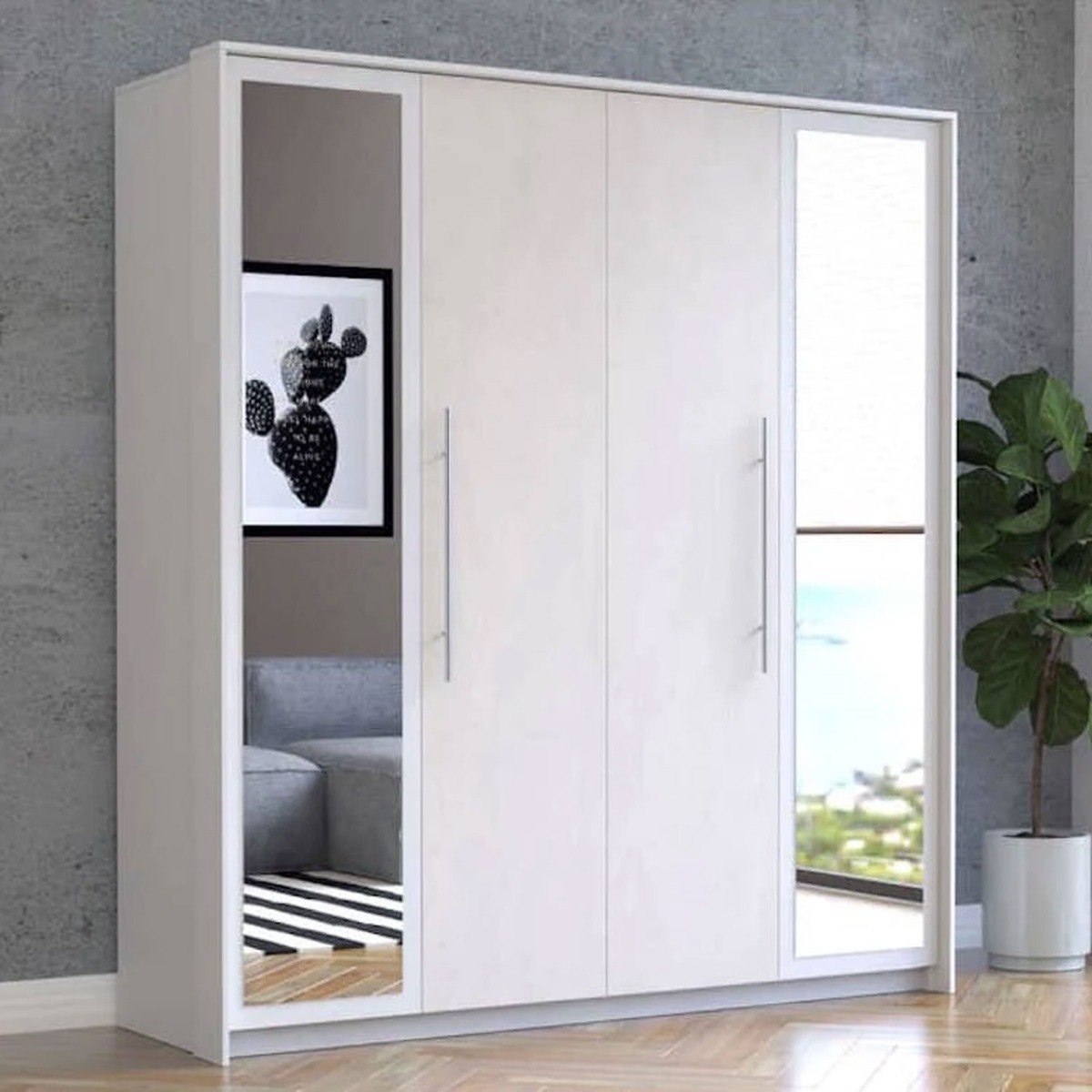 Wardrobe - AREZZO 2 Door Mirrored Wardrobe White 206cm - Art Nest