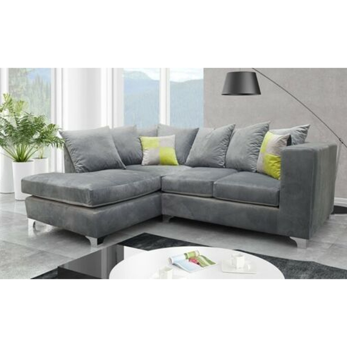 AURELO Plush Velvet 4 Seater L Shaped - Left Hand Facing Corner Sofa - Grey - Steve and Co Mills
