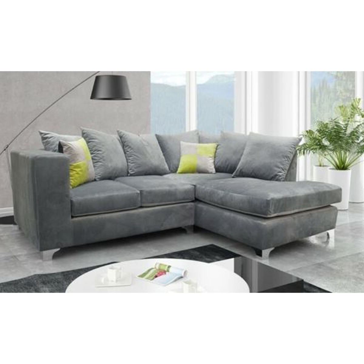 AURELO Plush Velvet 4 Seater L Shaped - Right Hand Facing Corner Sofa - Grey - Steve and Co Mills