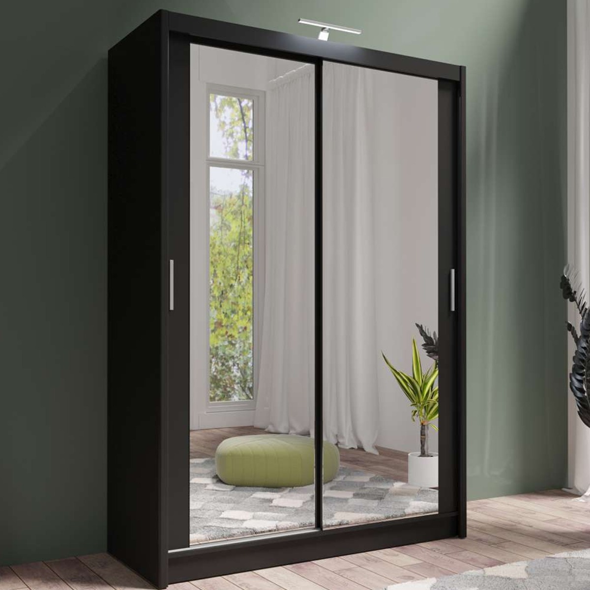 Sliding Wardrobe - AURORA 2 Door Full Mirrored Wardrobe Black 150cm - Avellino & Wells