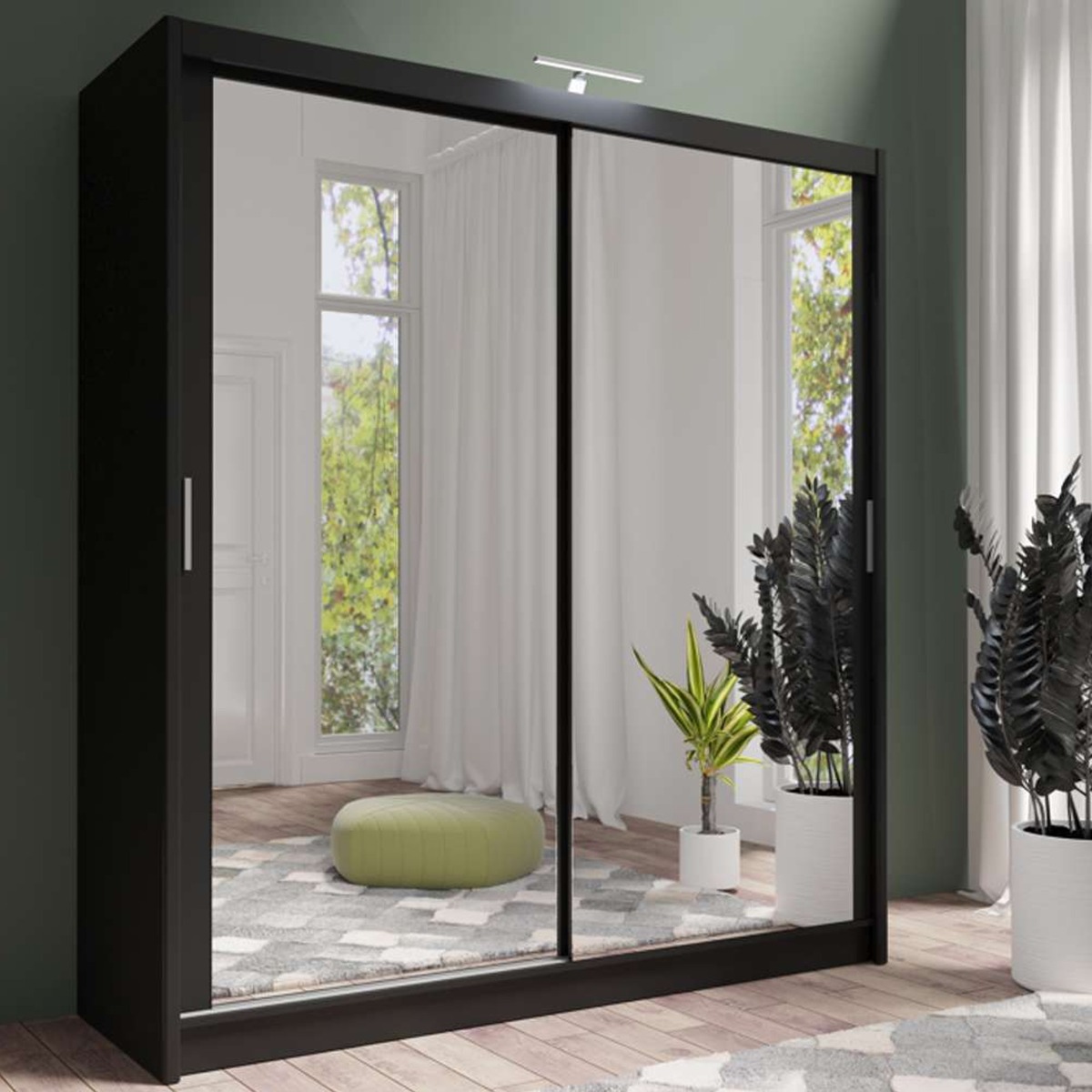 Sliding Wardrobe - AURORA 2 Door Full Mirrored Wardrobe Black 203cm - Avellino & Wells