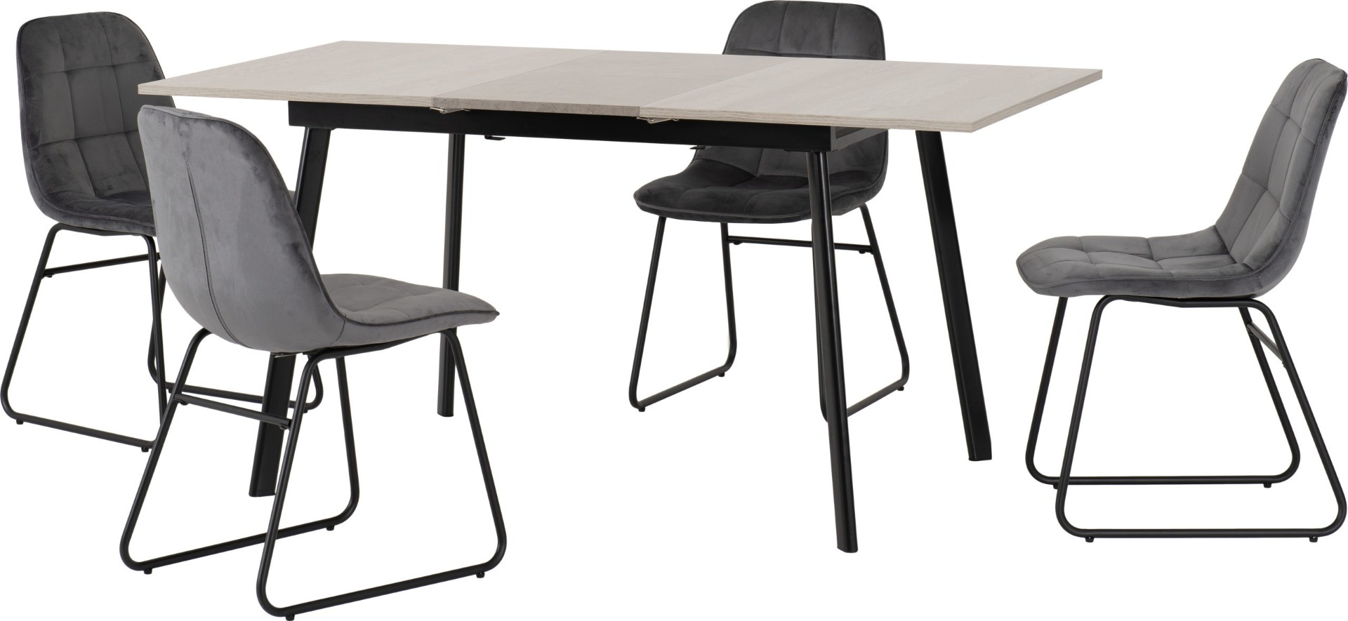 Avery Extending Dining Set with Lukas Chairs - Concrete Grey Oak Effect Black Grey Velvet - Budget Deals
