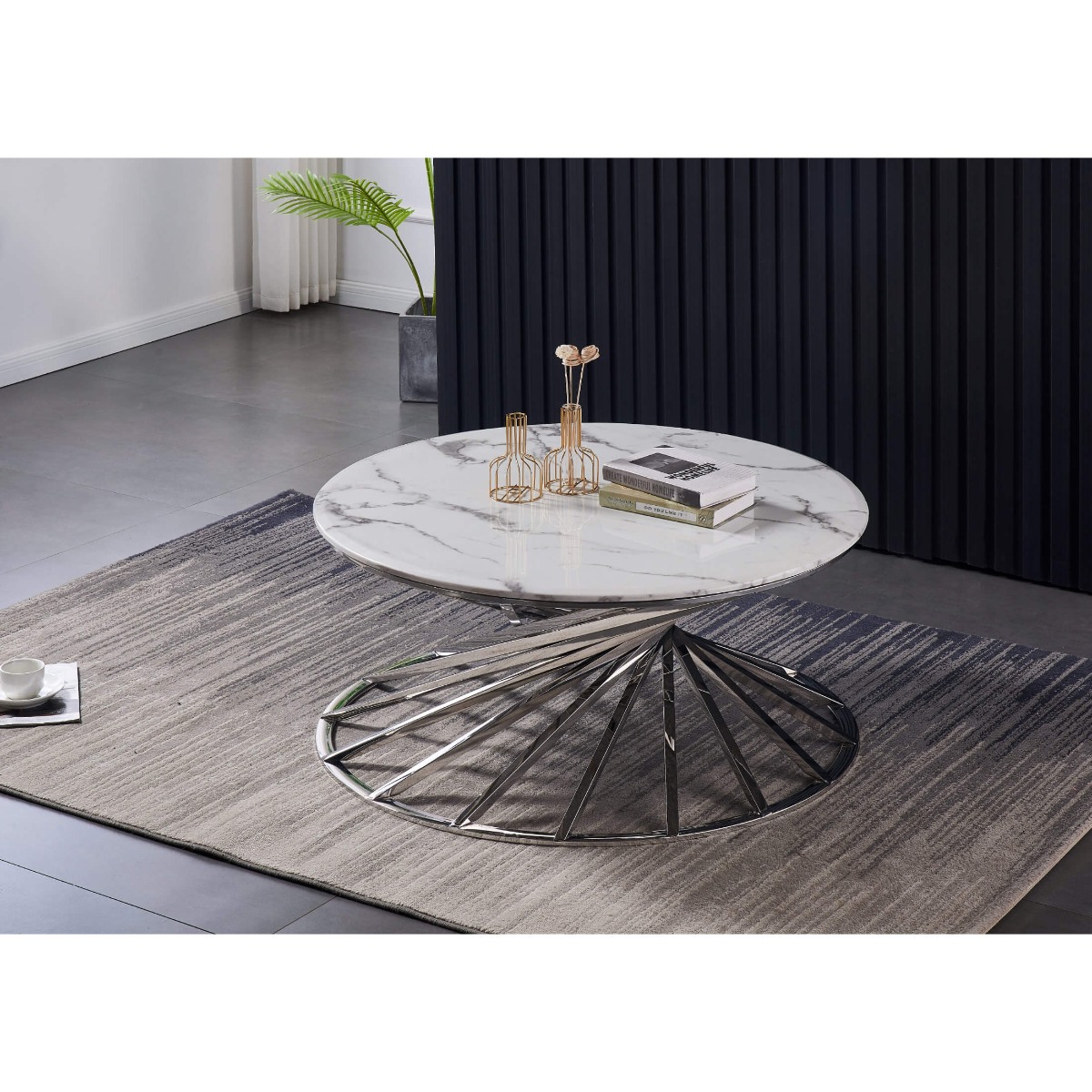 Elegance Elevated Brighton Marble Top Coffee Table Stainless Steel Base - Silver Finish - Sigrid Mills