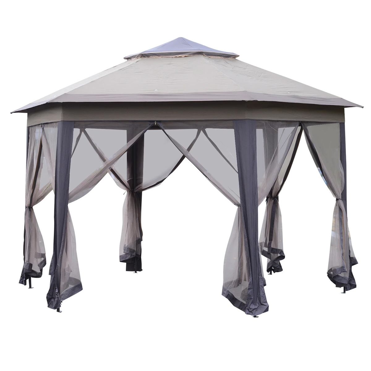 4.05x4.05m Metal Frame Mesh Draped 2-Tier Roof Gazebo - Brown - The Garden Savant