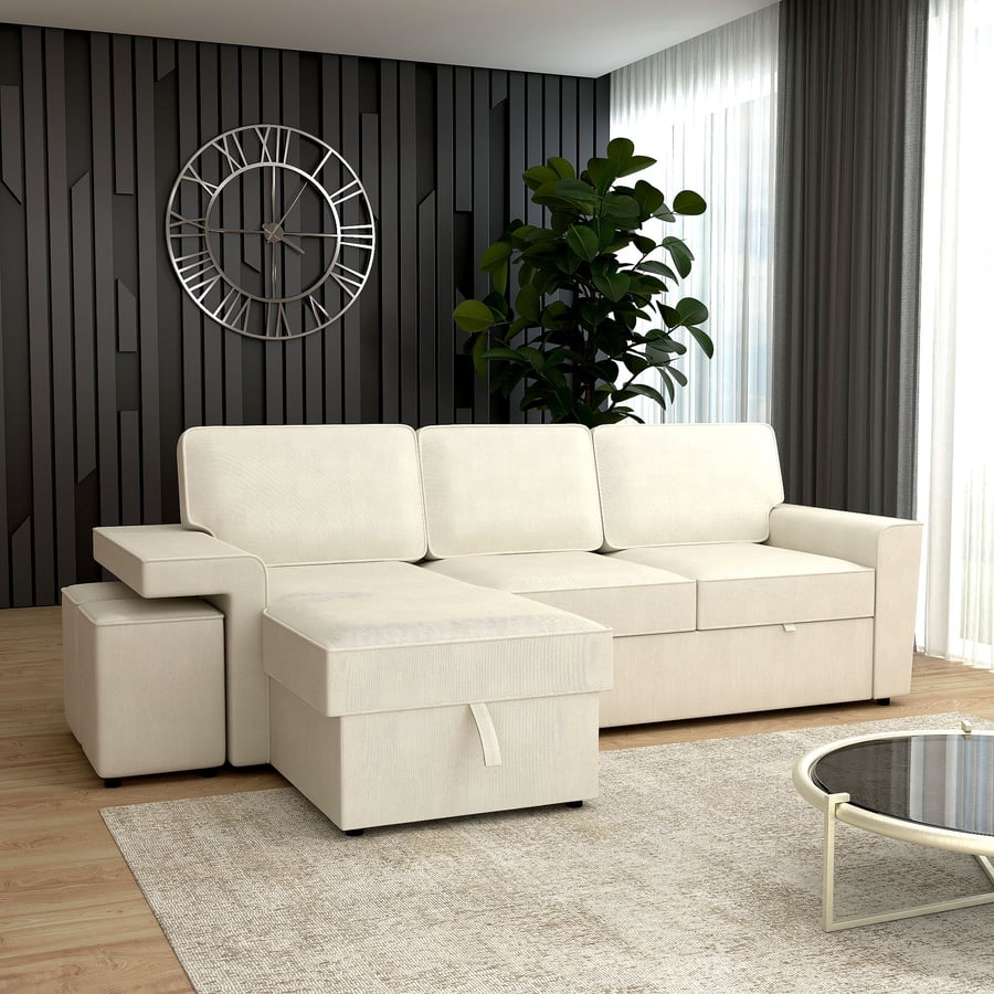 BECKMERE Fabric 3 Seater L Shaped Corner Sofabed - Cream, Reversible Facing - Avellino & Wells
