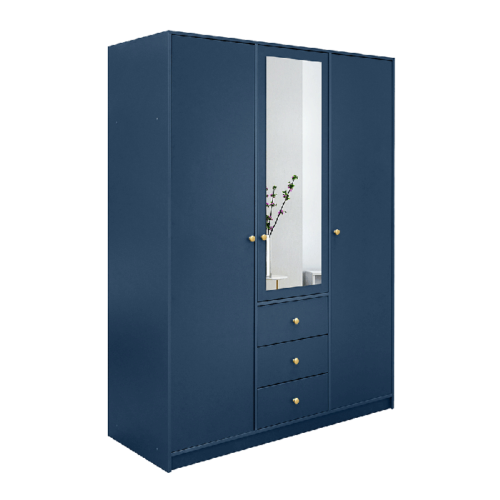 ELVIRO 3 Door Mirrored Wardrobe with 3 Drawers Dark Blue - 149cm - Avellino & Wells