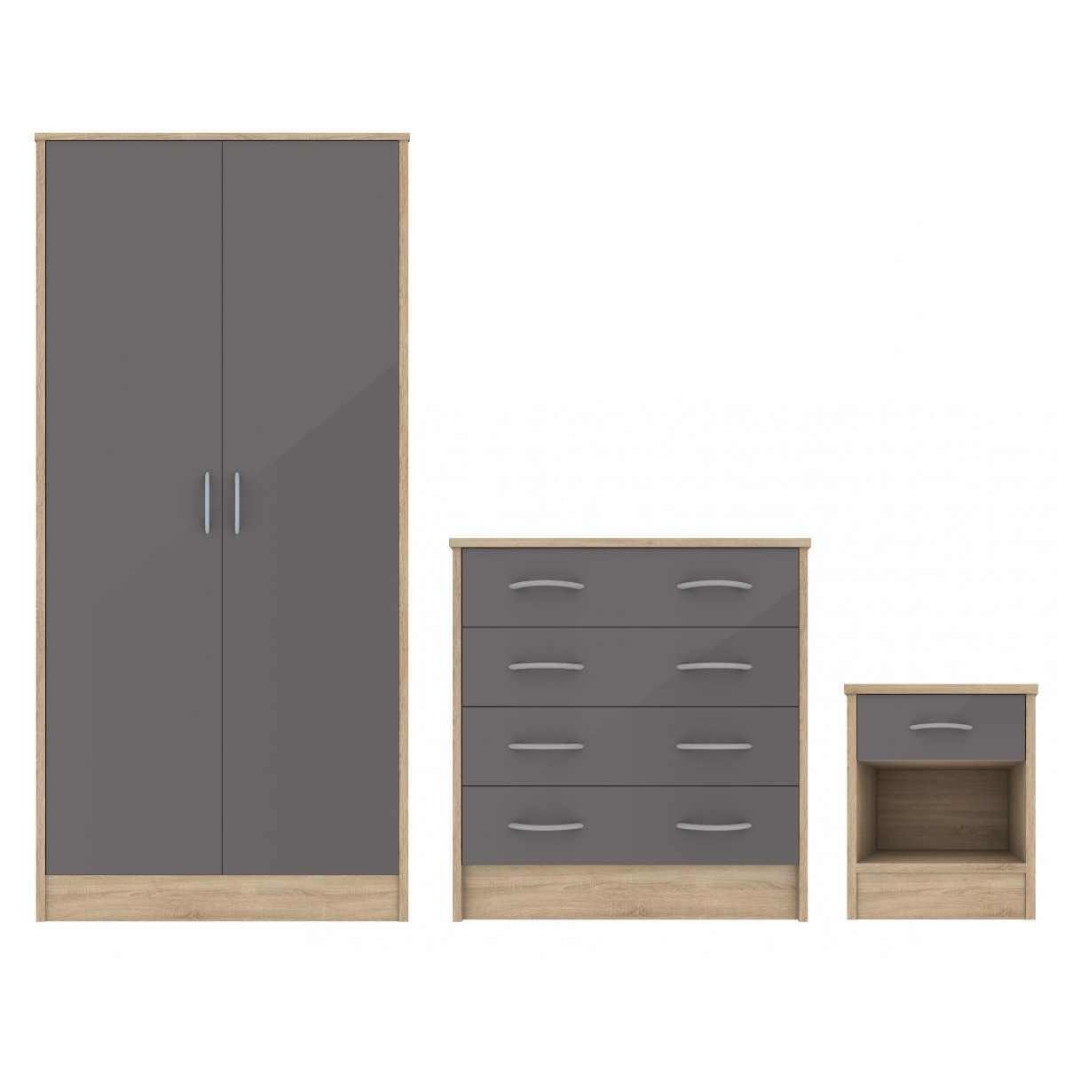 Wardrobe Set - BLACKPOOL 2 Door Bedroom Set 3 Piece Grey Gloss 63cm - Sigrid Mills