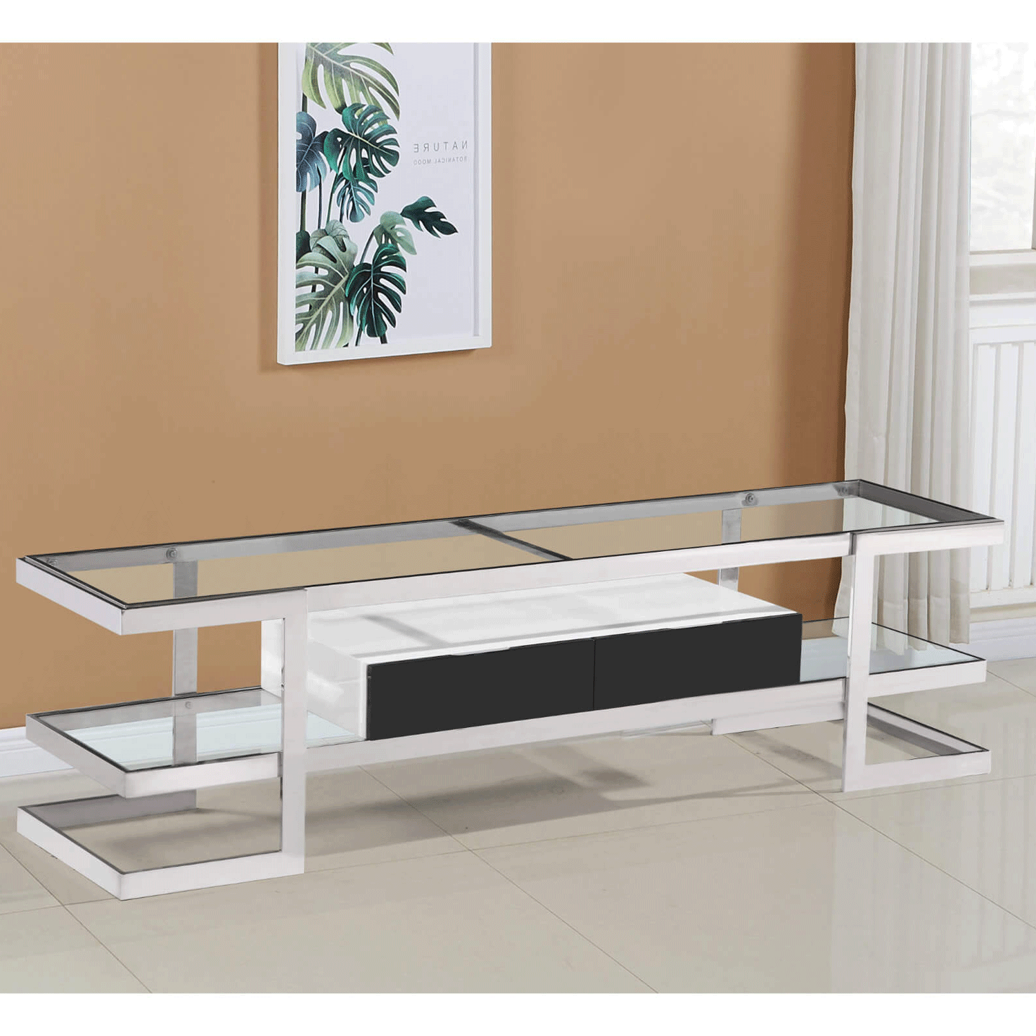 Stoke Clear Glass TV Stand Sleek Design with High Gloss Drawer in Stainless Steel Frame - White - Sigrid Mills