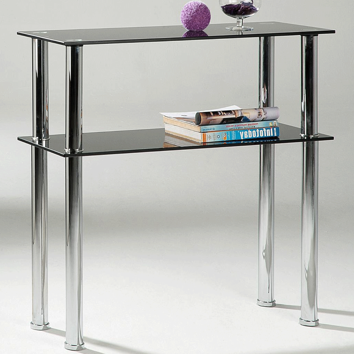 Beverley Tall Stainless Steel Stand Black Hall Unit with Glass Top - 2 Tier Shelves - Sigrid Mills