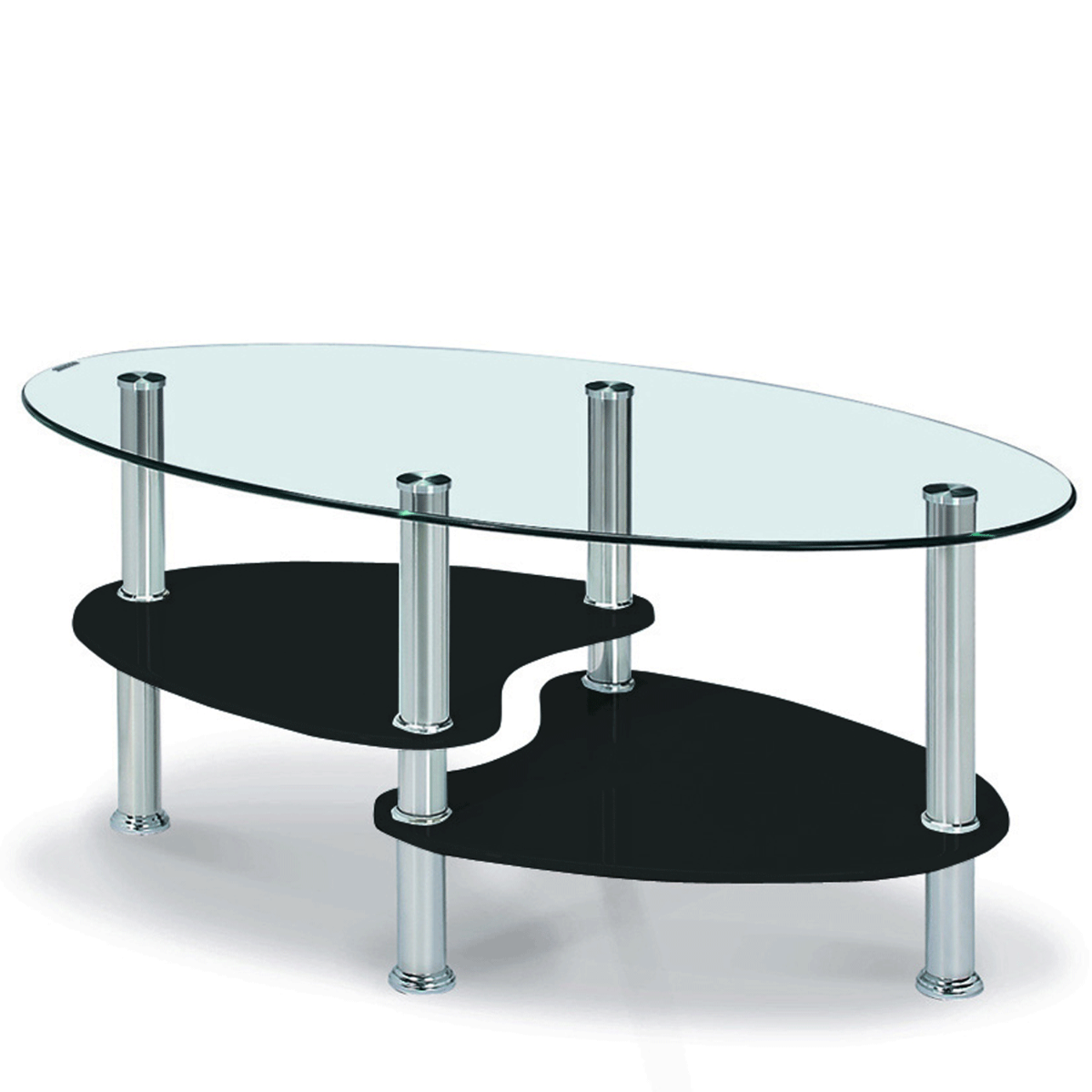 Matlock Oval Glass Coffee Table with Stylish Shelving in Stainless Steel Frame - Black - Sigrid Mills