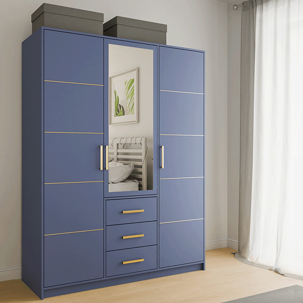Wardrobe - BARNSLEY 3 Door Wardrobe Blue 147cm - Avellino & Wells