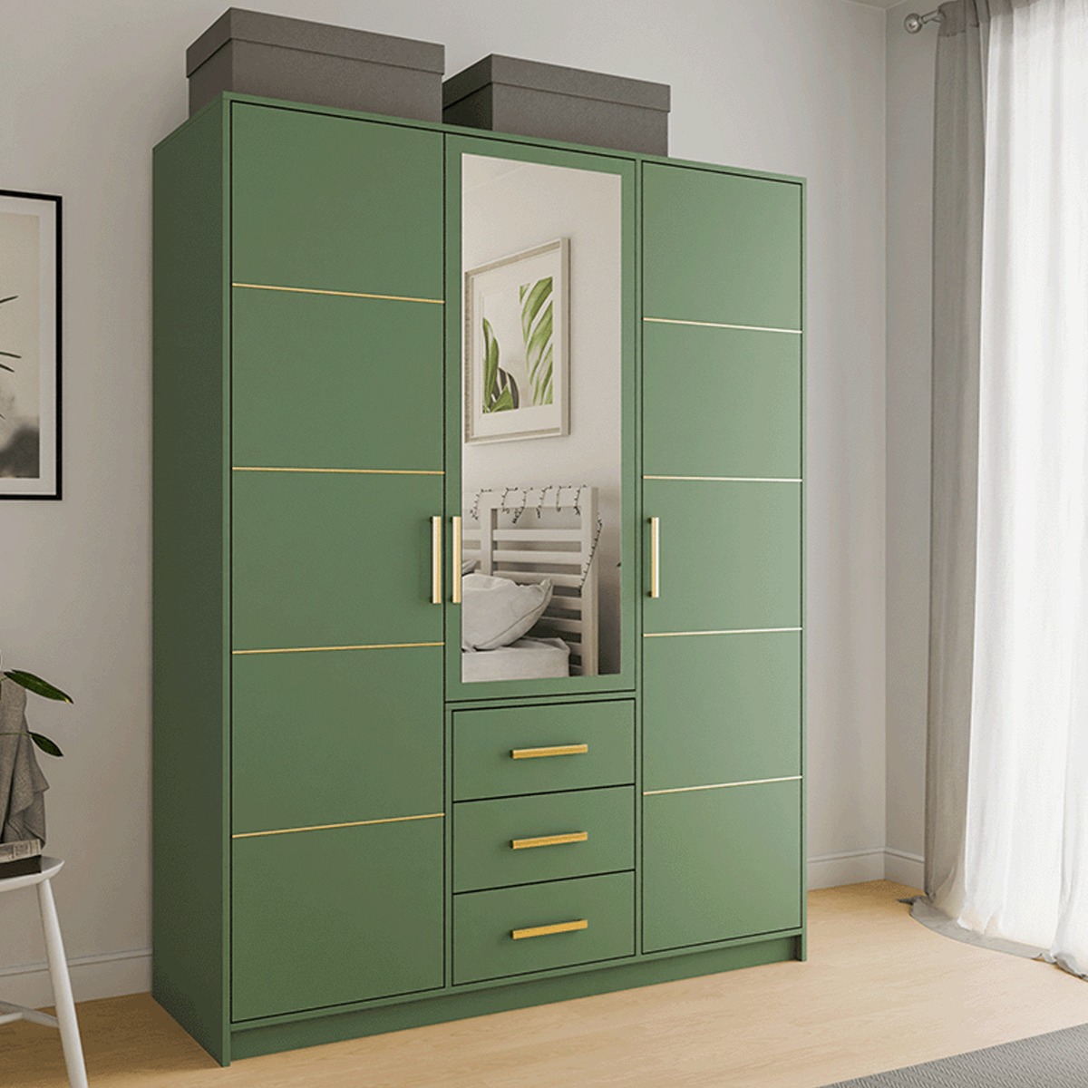Wardrobe - BARNSLEY 3 Door Wardrobe Green 147cm - Avellino & Wells