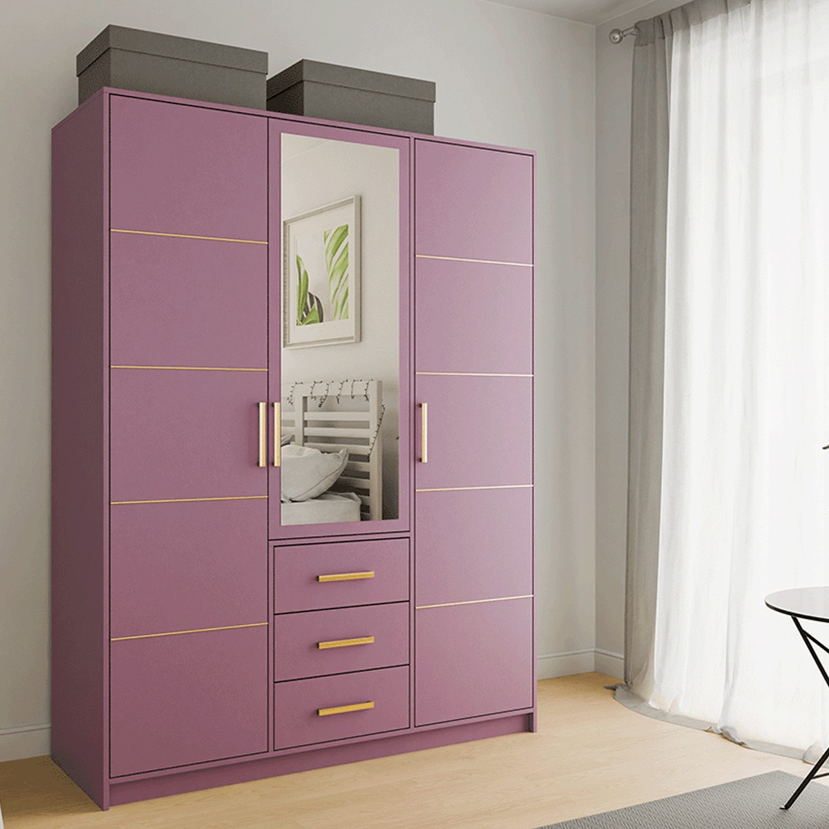 Wardrobe - BARNSLEY 3 Door Wardrobe Plum 147cm - Avellino & Wells