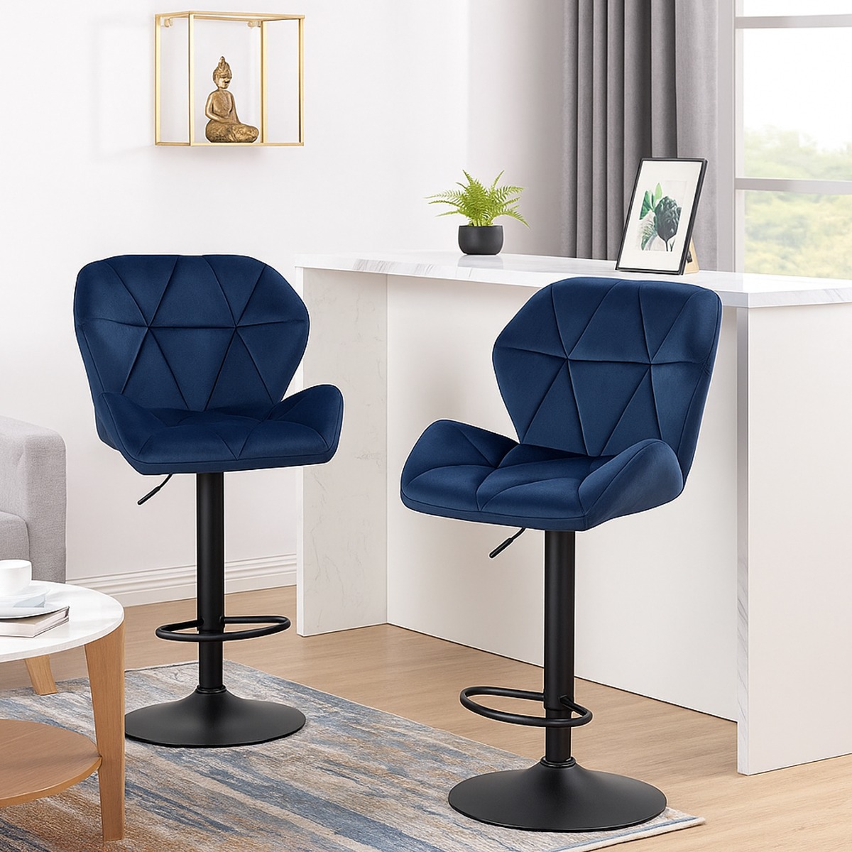 TRIVANTE Bar Stools Set of 2 Adjustable Velvet Swivel Dining Chairs with Footrest - Blue - The Urban Forge