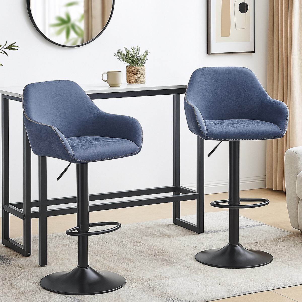 SOLIVERN Bar Stools Set of 2 Adjustable Swivel Chairs with Armrests Faux Leather - Blue - The Urban Forge