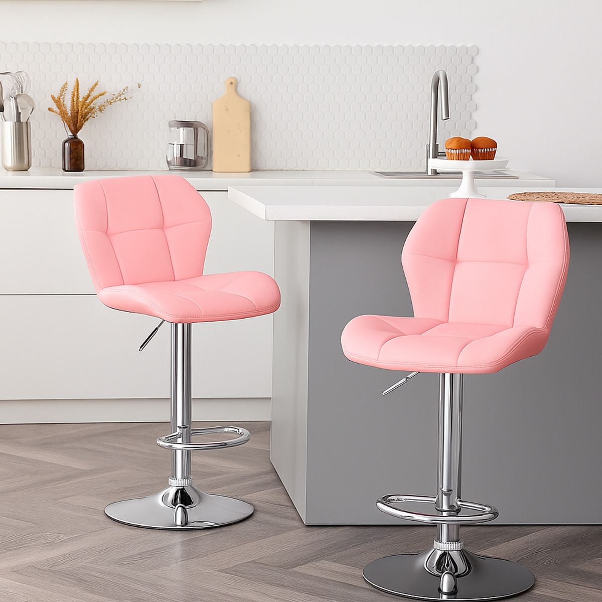TRIVANTE Bar Stools Set of 2 Adjustable Swivel Counter Chairs PU Leather - Pink - The Urban Forge