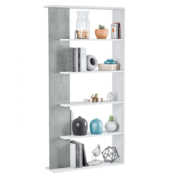 Callander Bookcase Table with 5 Shelves - White and Concrete - Sigrid Mills