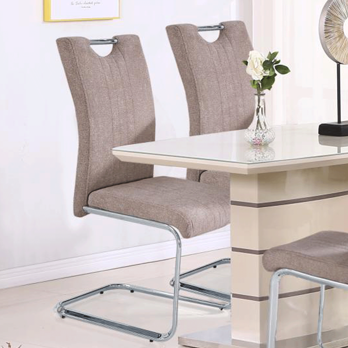 Birkenhead Taupe Fabric Chairs Modern Comfort with Chrome Legs - Set of 2 - Sigrid Mills